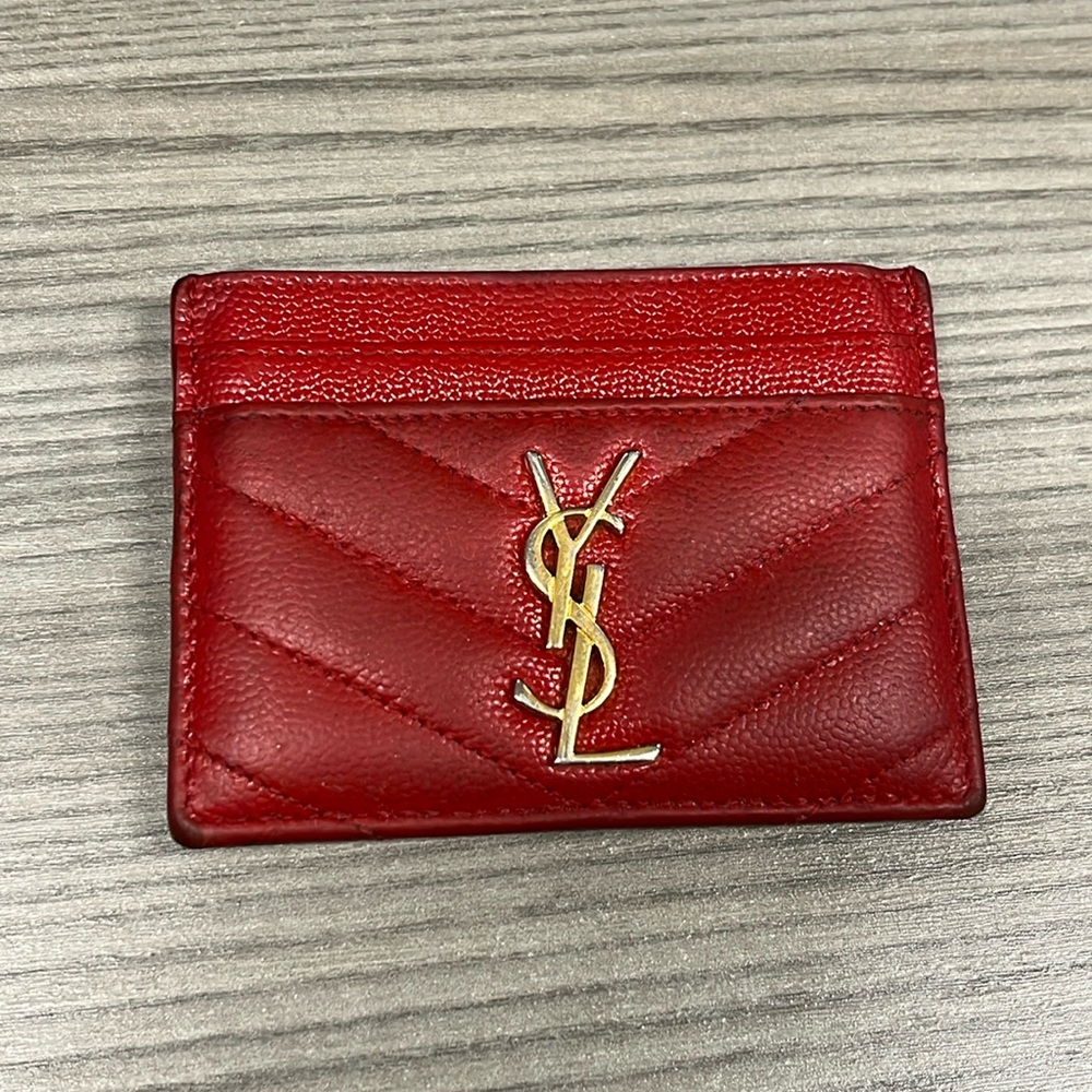 YSL Saint Laurent Red Matelassé Leather Monogram Card Holder